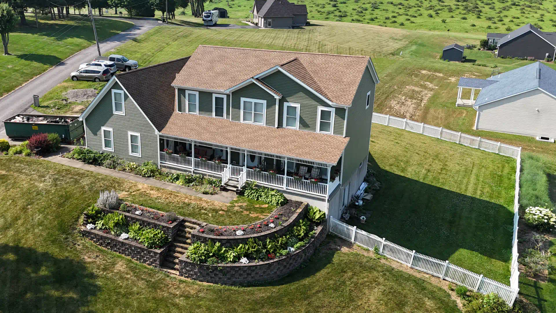 aerial view of residential house new roof